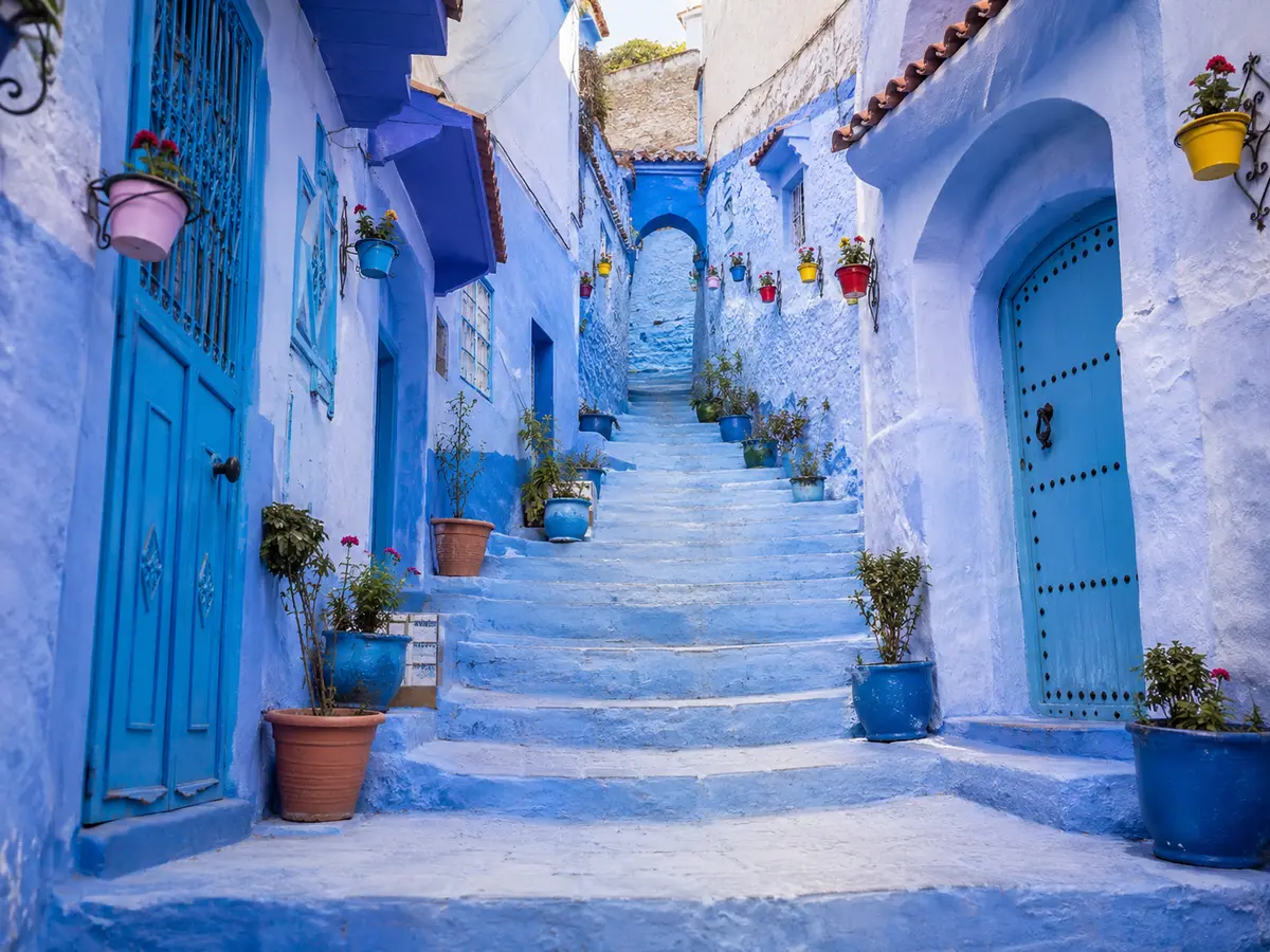 Blue-painted lane in Chefchaouen, northern Morocco