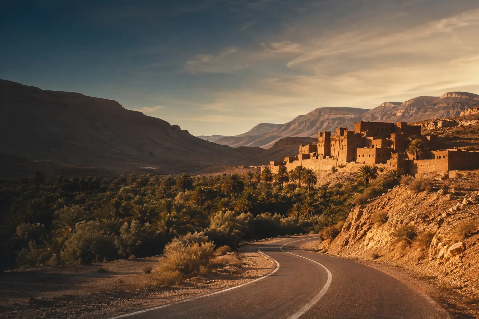 Road through the Atlas foothills toward a Moroccan kasbah