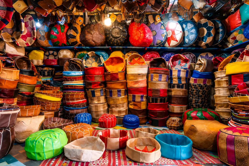 Colorful Moroccan Leather Poufs in a Souk
