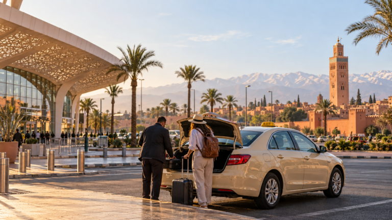 Traveler and taxi for a transfer to the Marrakech medina