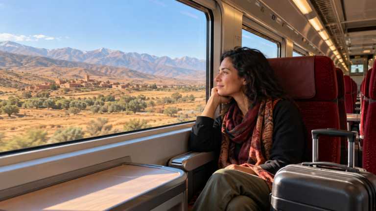 Traveler looking out of a Moroccan train window