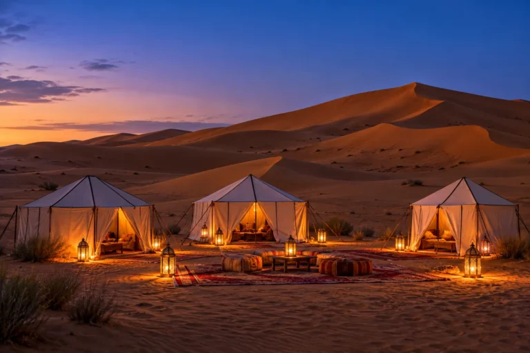 Lantern-lit desert camp beside Sahara dunes at twilight