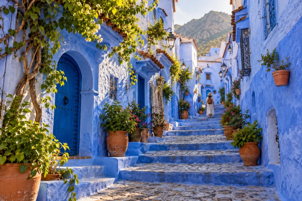 Blue alley and steps framed by plants in Chefchaouen
