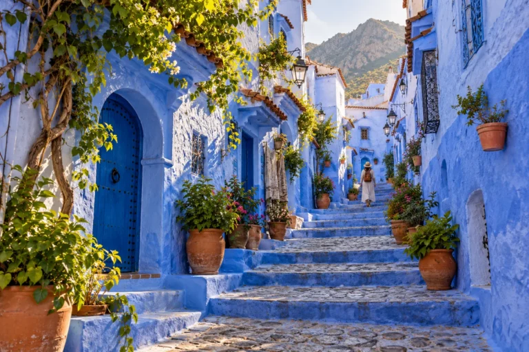 Blue alley and steps framed by plants in Chefchaouen