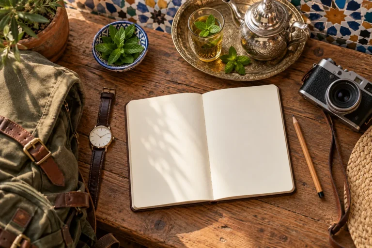 Notebook, camera and travel essentials for planning a Morocco trip