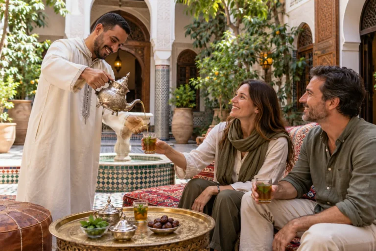 Moroccan host serving mint tea to visiting travelers