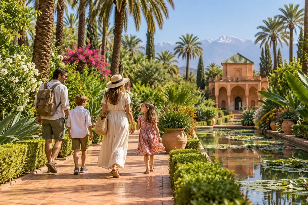 Family with children exploring a palm-filled Moroccan garden