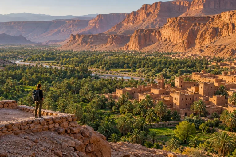 Palm oasis and earthen village on a journey across southern Morocco