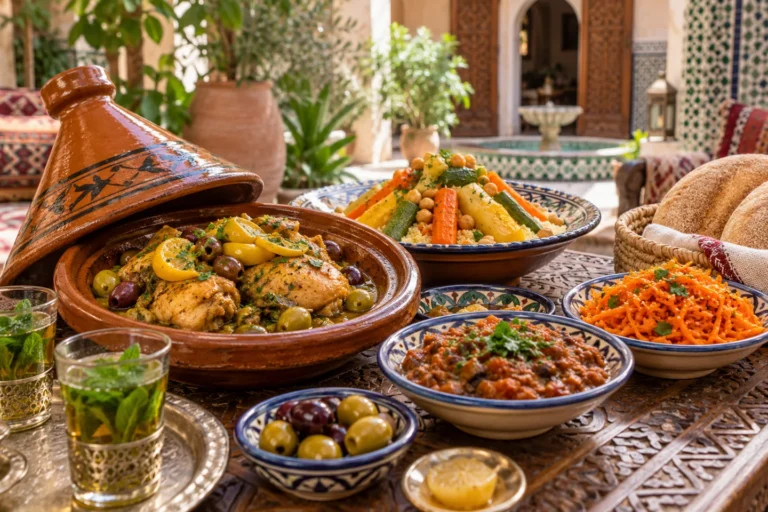Moroccan tagine, couscous, salads and bread on a lunch table