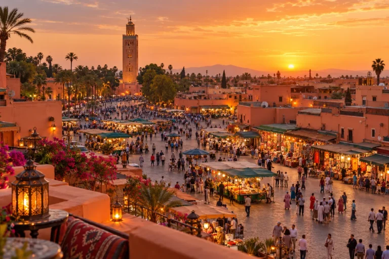 Illustrated view of Marrakech market life and the Koutoubia minaret at sunset
