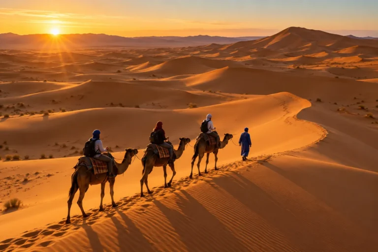 Camel caravan crossing golden dunes near Merzouga at sunrise