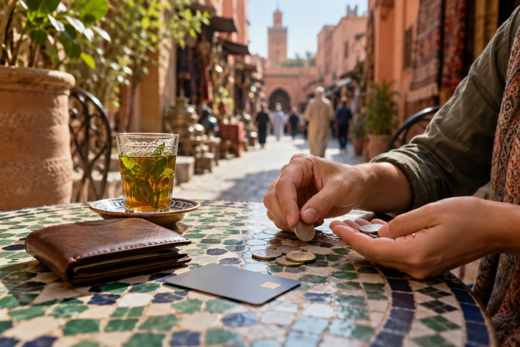 Dirham coins, wallet and payment card on a Moroccan café table