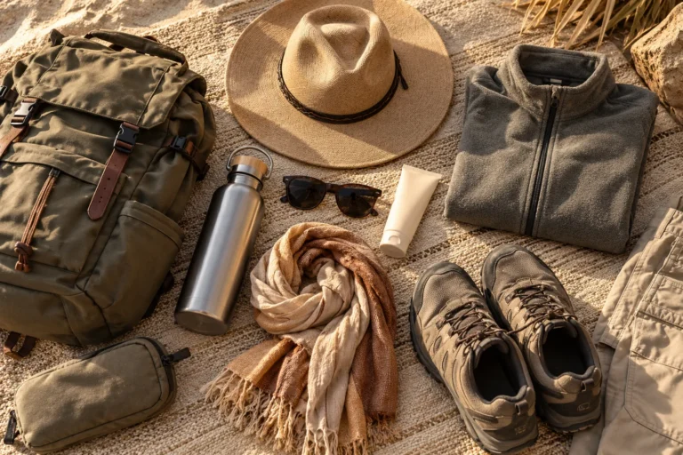 Backpack, hat, scarf, water bottle and shoes for a Sahara trip