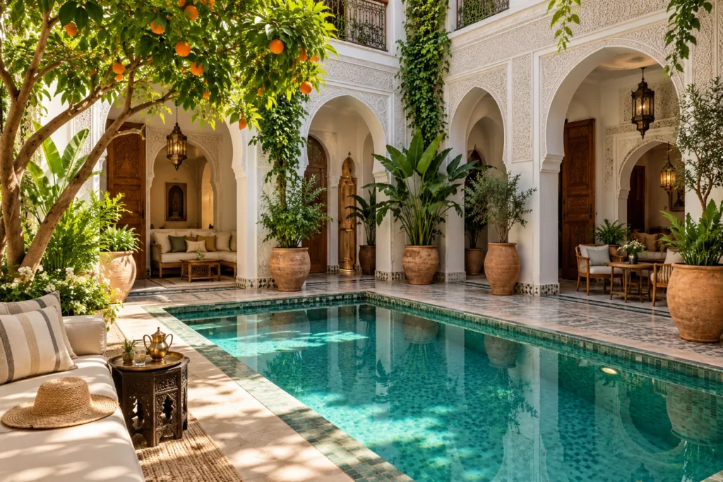 Traditional Moroccan riad courtyard with a pool and orange trees