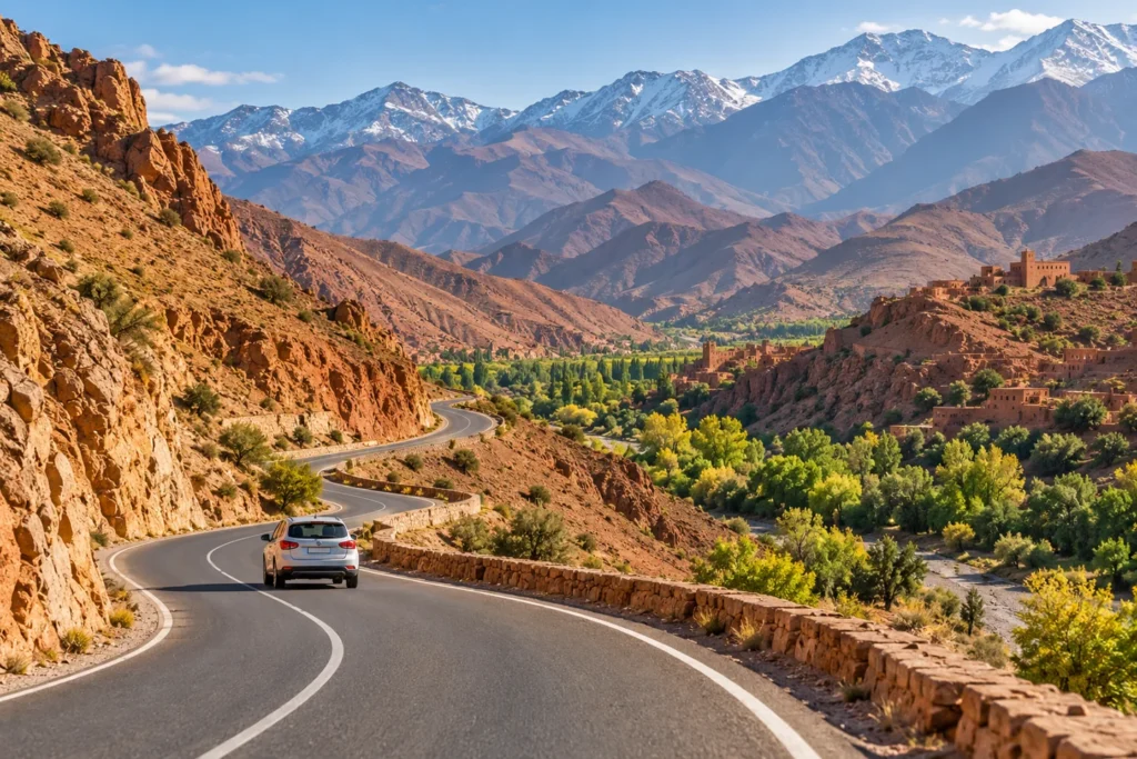 Car on a winding road through the High Atlas mountains