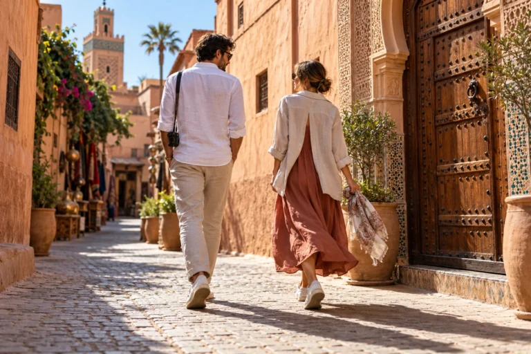 Travelers wearing light, modest clothing in a Moroccan medina